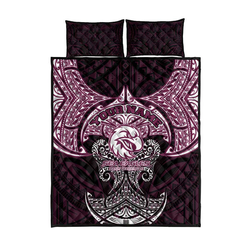Personalized Manly Warringah Sea Eagles Quilt Bed Set Polynesian Tribal Pattern Style
