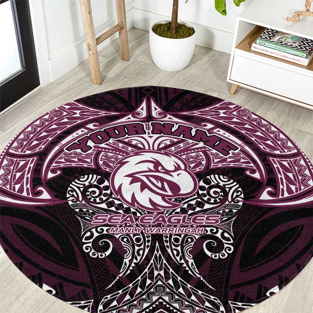 Personalized Manly Warringah Sea Eagles Round Carpet Polynesian Tribal Pattern Style