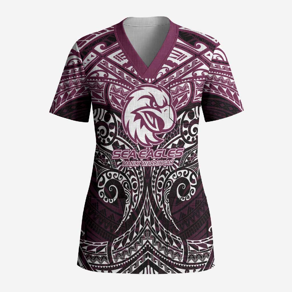 Personalized Manly Warringah Sea Eagles Scrub Top Polynesian Tribal Pattern Style