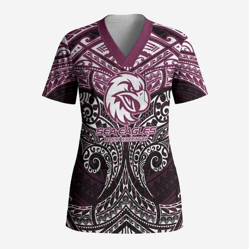 Personalized Manly Warringah Sea Eagles Scrub Top Polynesian Tribal Pattern Style