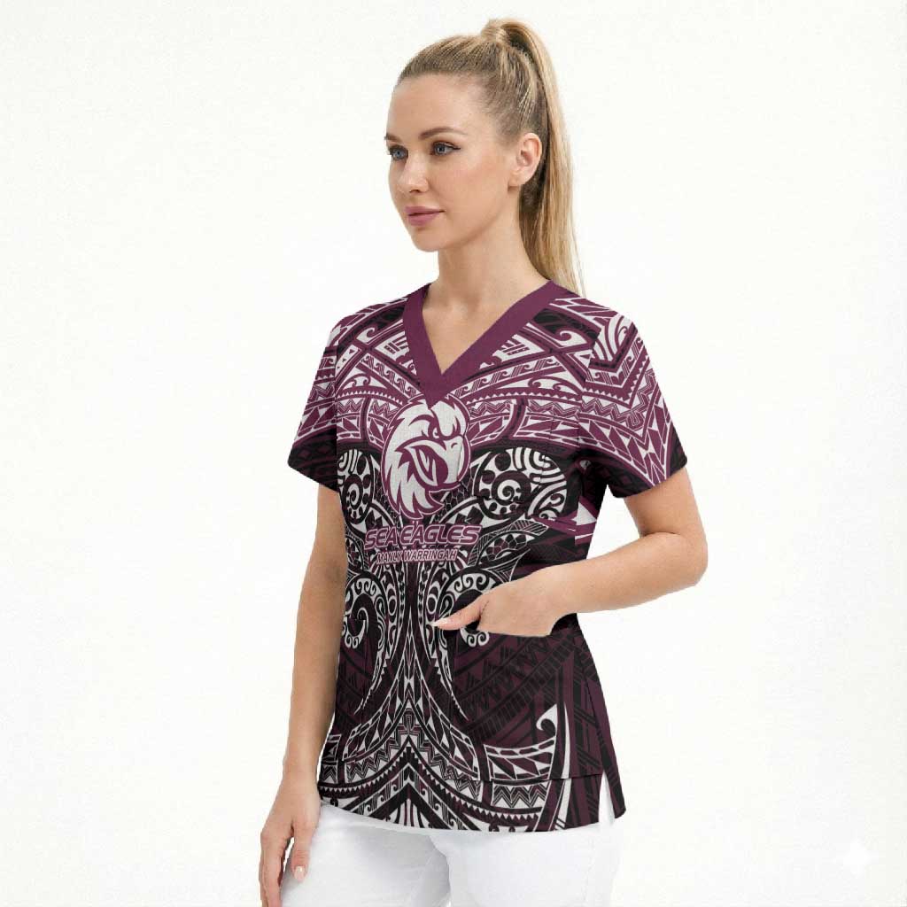 Personalized Manly Warringah Sea Eagles Scrub Top Polynesian Tribal Pattern Style