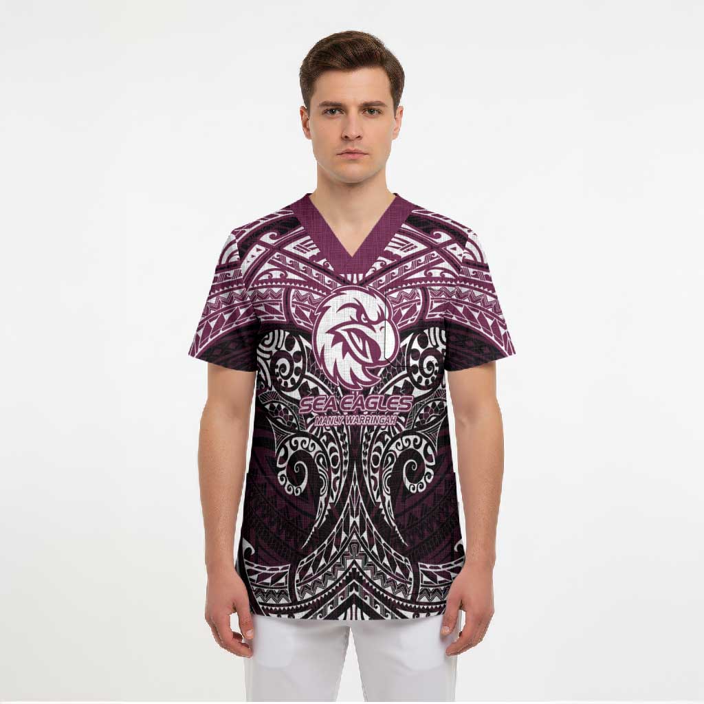 Personalized Manly Warringah Sea Eagles Scrub Top Polynesian Tribal Pattern Style