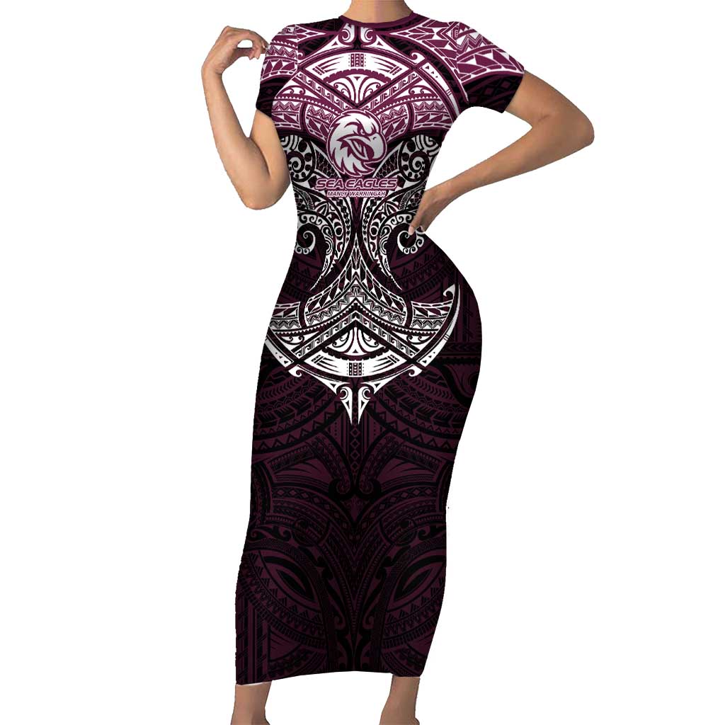 Personalized Manly Warringah Sea Eagles Short Sleeve Bodycon Dress Polynesian Tribal Pattern Style