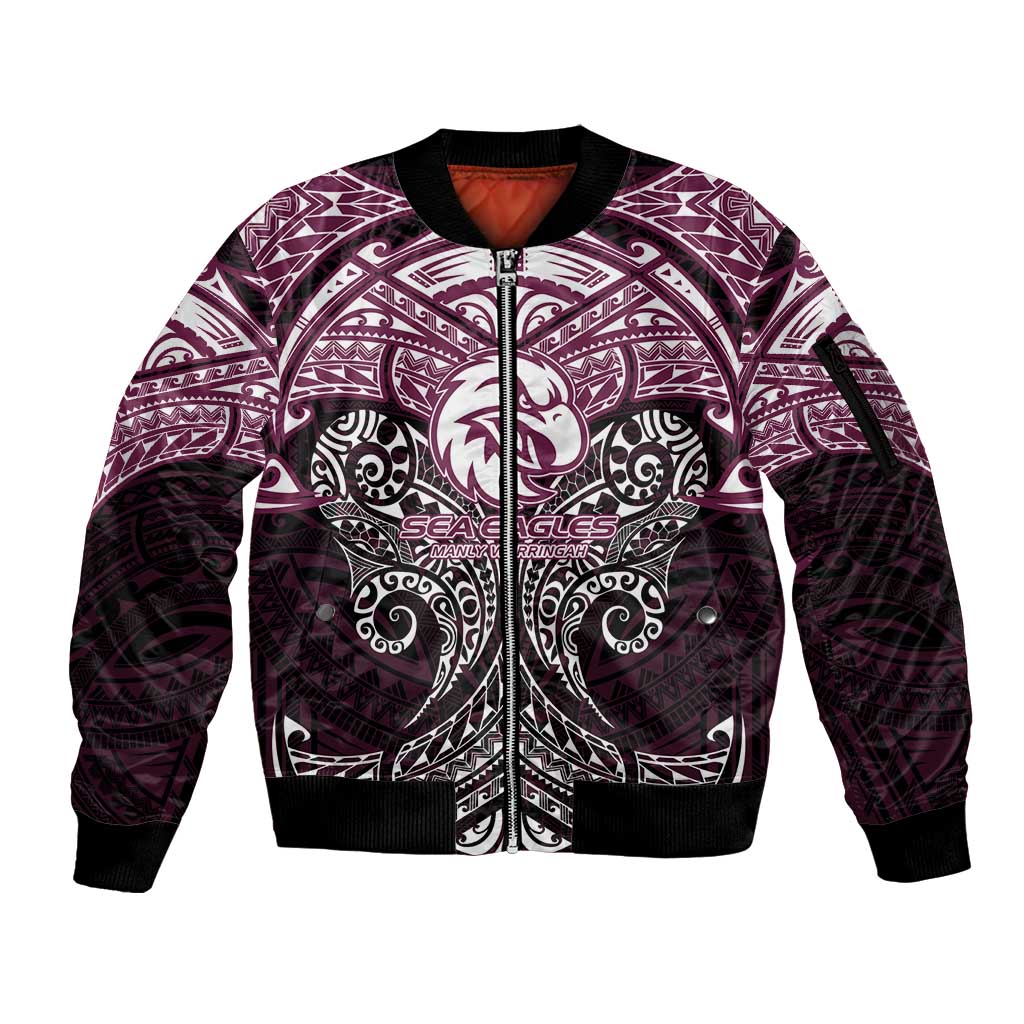 Personalized Manly Warringah Sea Eagles Sleeve Zip Bomber Jacket Polynesian Tribal Pattern Style
