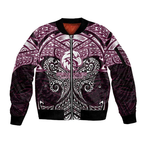 Personalized Manly Warringah Sea Eagles Sleeve Zip Bomber Jacket Polynesian Tribal Pattern Style