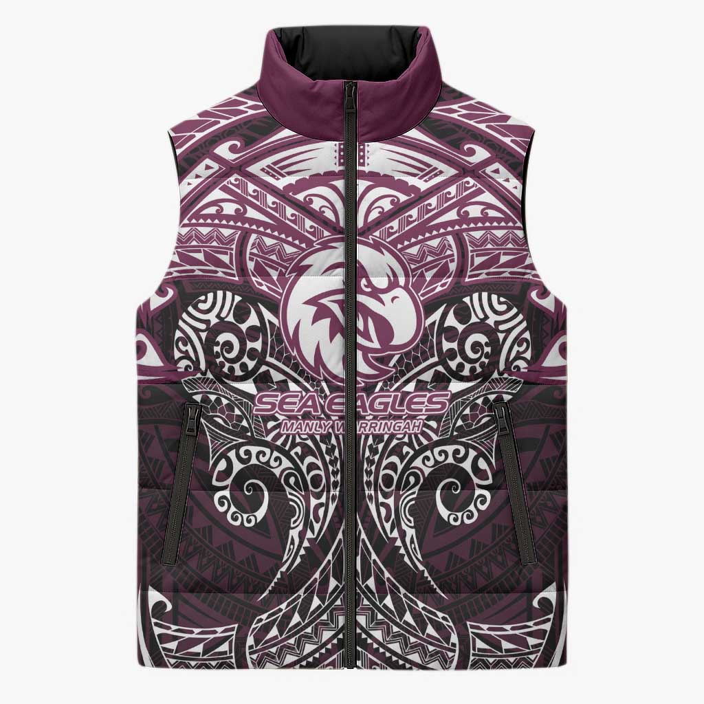 Personalized Manly Warringah Sea Eagles Sleeveless Puffer Jacket Polynesian Tribal Pattern Style