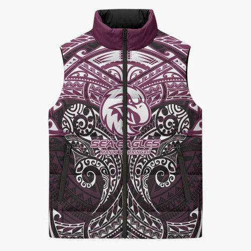 Personalized Manly Warringah Sea Eagles Sleeveless Puffer Jacket Polynesian Tribal Pattern Style