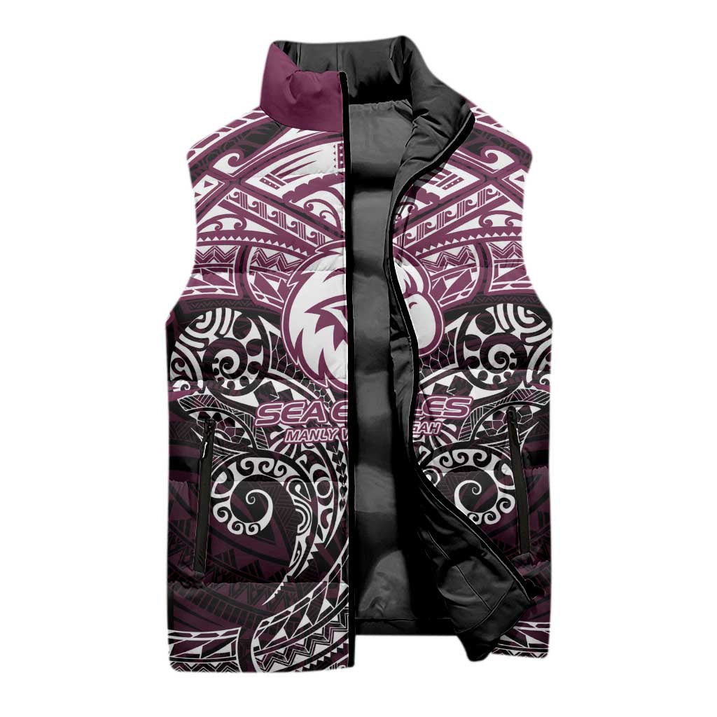 Personalized Manly Warringah Sea Eagles Sleeveless Puffer Jacket Polynesian Tribal Pattern Style