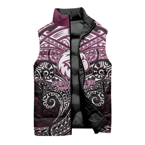Personalized Manly Warringah Sea Eagles Sleeveless Puffer Jacket Polynesian Tribal Pattern Style