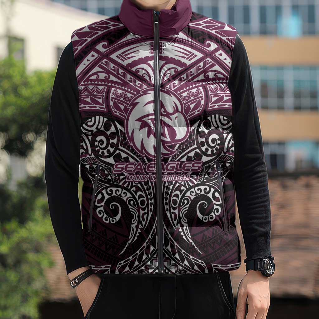 Personalized Manly Warringah Sea Eagles Sleeveless Puffer Jacket Polynesian Tribal Pattern Style