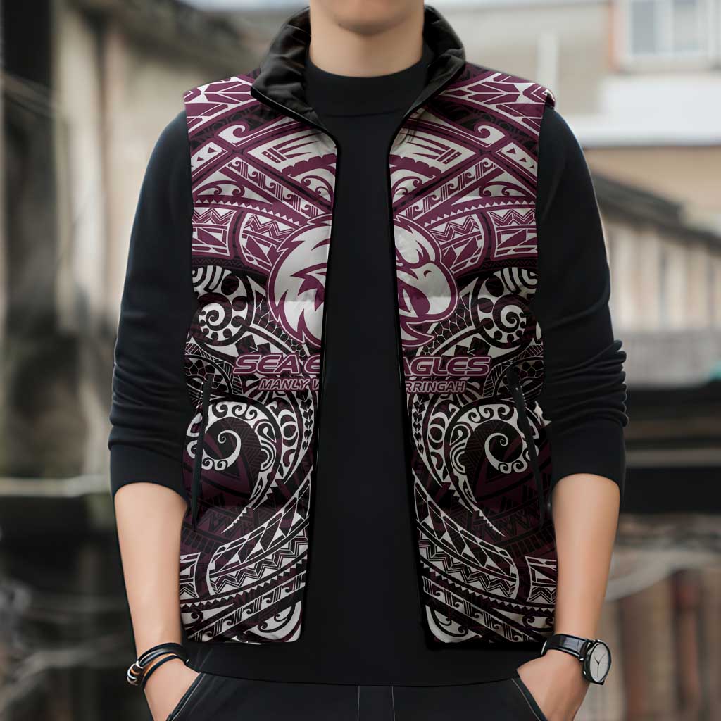 Personalized Manly Warringah Sea Eagles Sleeveless Puffer Jacket Polynesian Tribal Pattern Style