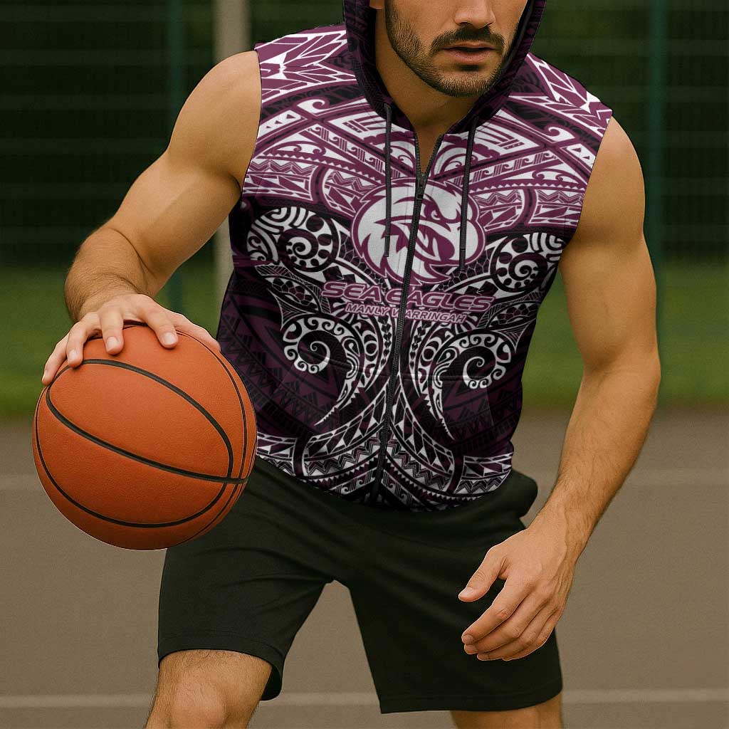 Personalized Manly Warringah Sea Eagles Sleeveless Zip Hoodie Polynesian Tribal Pattern Style