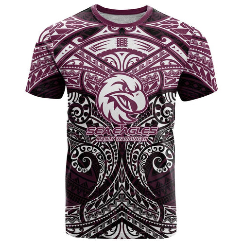 Personalized Manly Warringah Sea Eagles T Shirt Polynesian Tribal Pattern Style