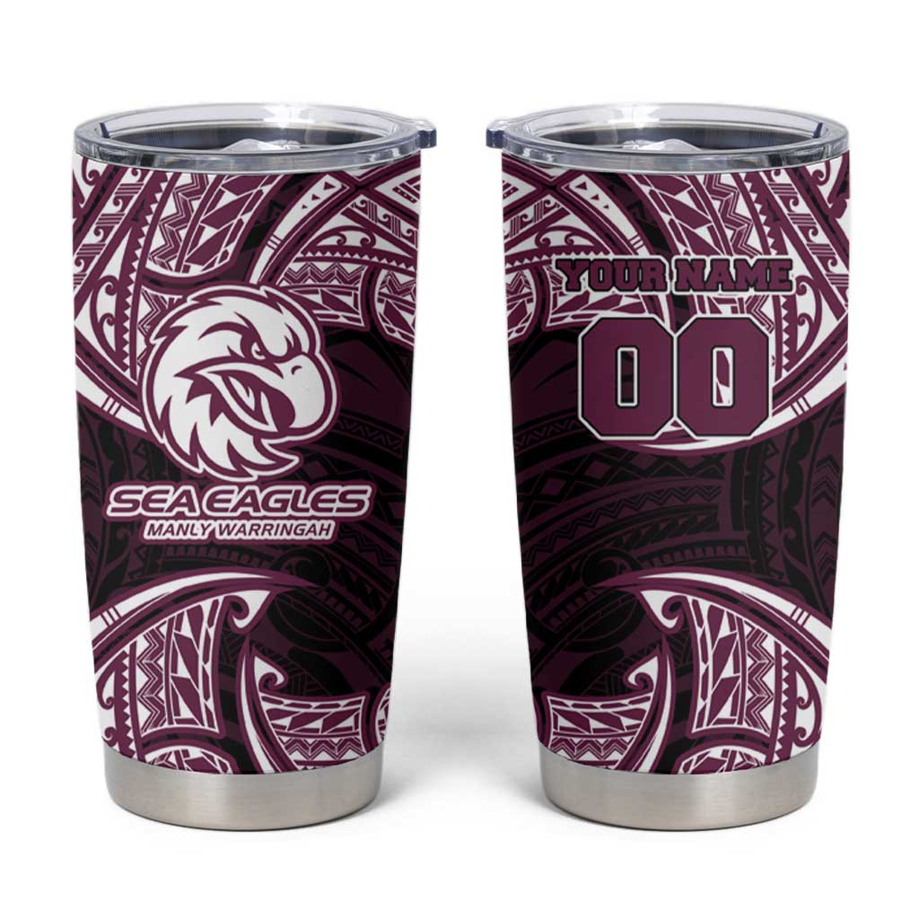 Personalized Manly Warringah Sea Eagles Tumbler Cup Polynesian Tribal Pattern Style