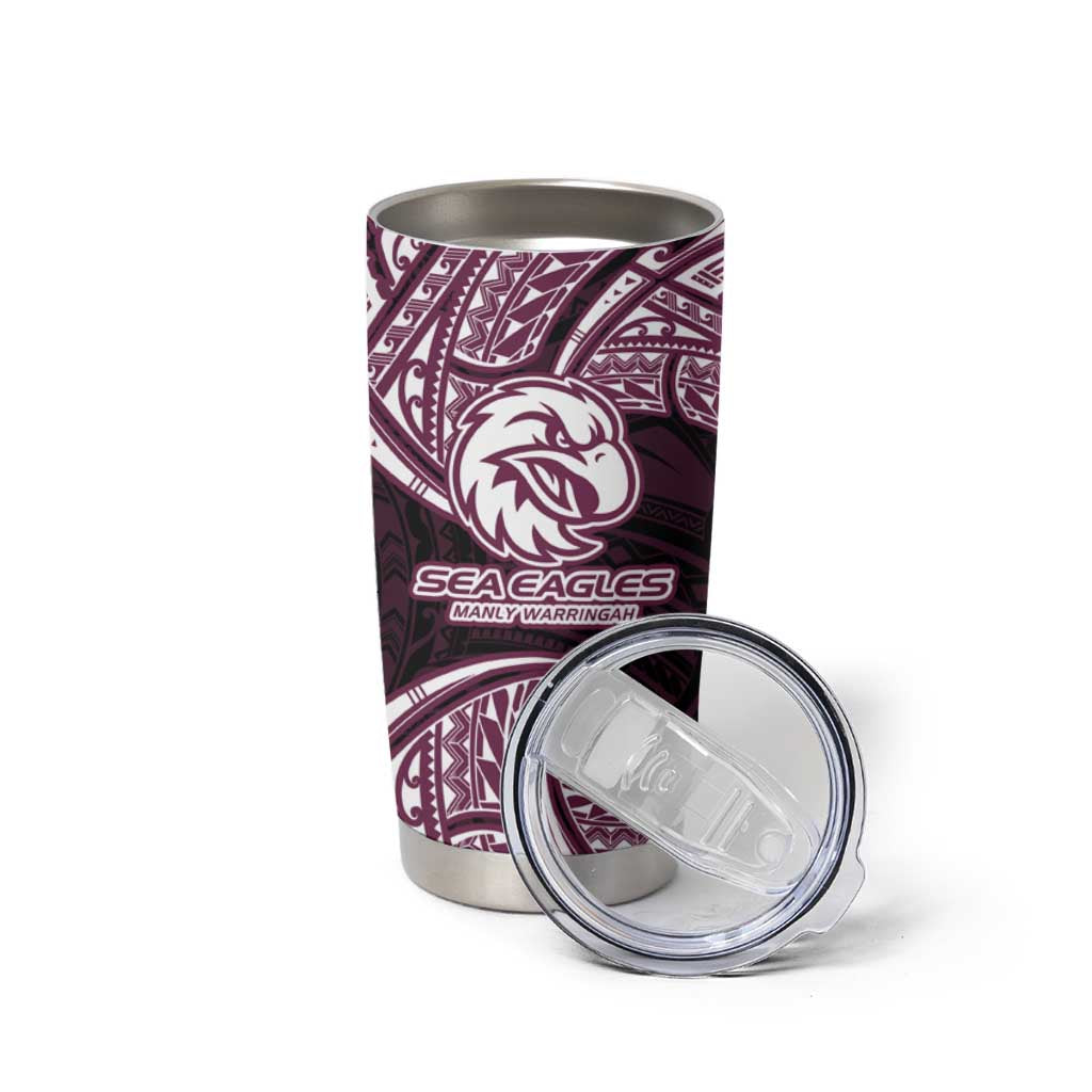Personalized Manly Warringah Sea Eagles Tumbler Cup Polynesian Tribal Pattern Style