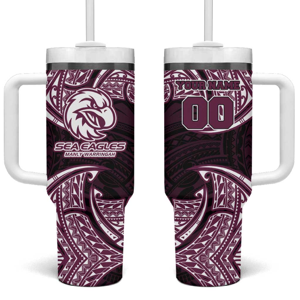 Personalized Manly Warringah Sea Eagles Tumbler With Handle Polynesian Tribal Pattern Style