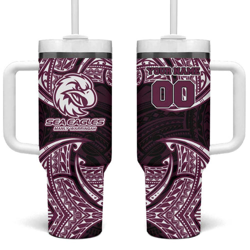 Personalized Manly Warringah Sea Eagles Tumbler With Handle Polynesian Tribal Pattern Style