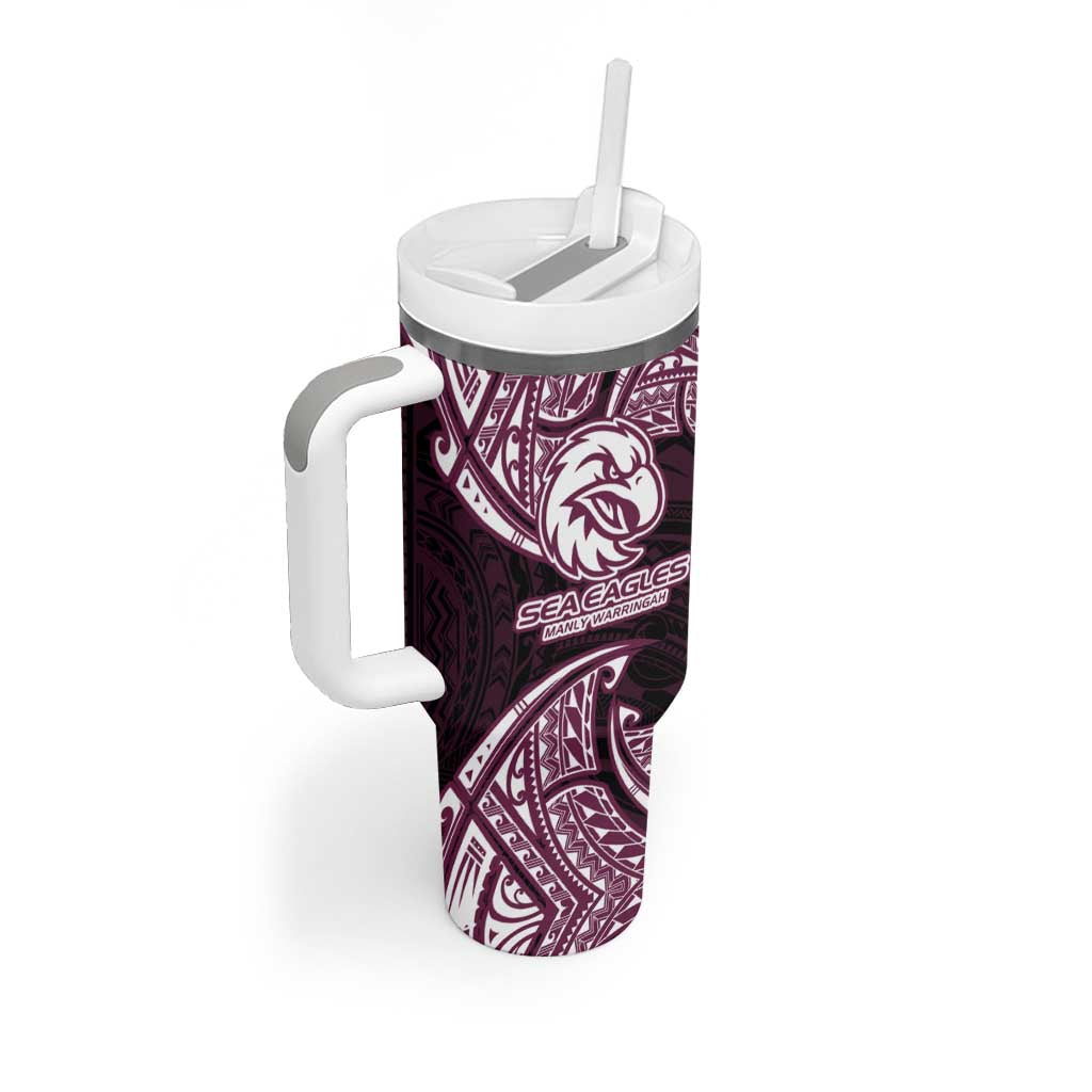 Personalized Manly Warringah Sea Eagles Tumbler With Handle Polynesian Tribal Pattern Style