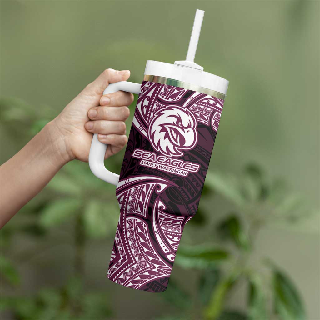 Personalized Manly Warringah Sea Eagles Tumbler With Handle Polynesian Tribal Pattern Style