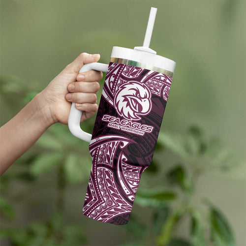 Personalized Manly Warringah Sea Eagles Tumbler With Handle Polynesian Tribal Pattern Style
