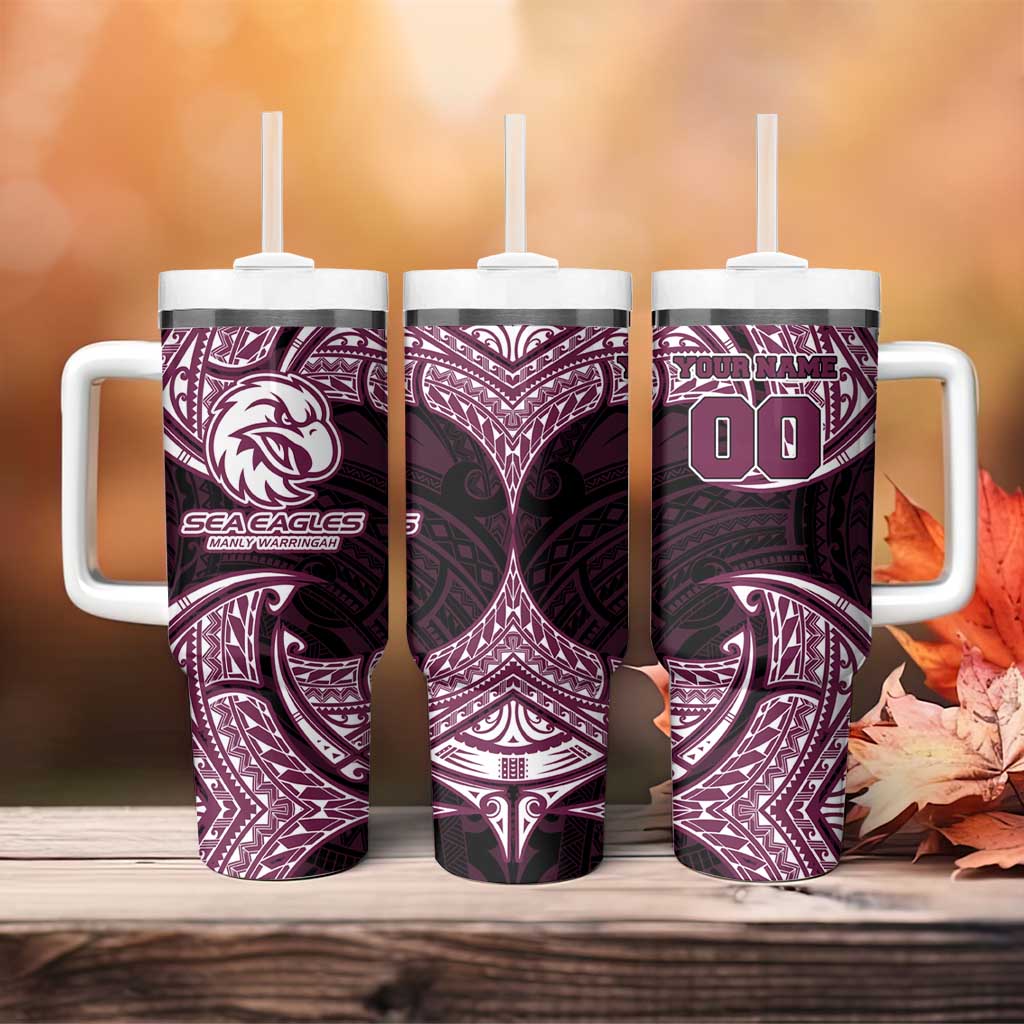 Personalized Manly Warringah Sea Eagles Tumbler With Handle Polynesian Tribal Pattern Style