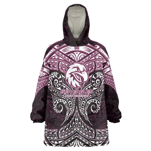 Personalized Manly Warringah Sea Eagles Wearable Blanket Hoodie Polynesian Tribal Pattern Style