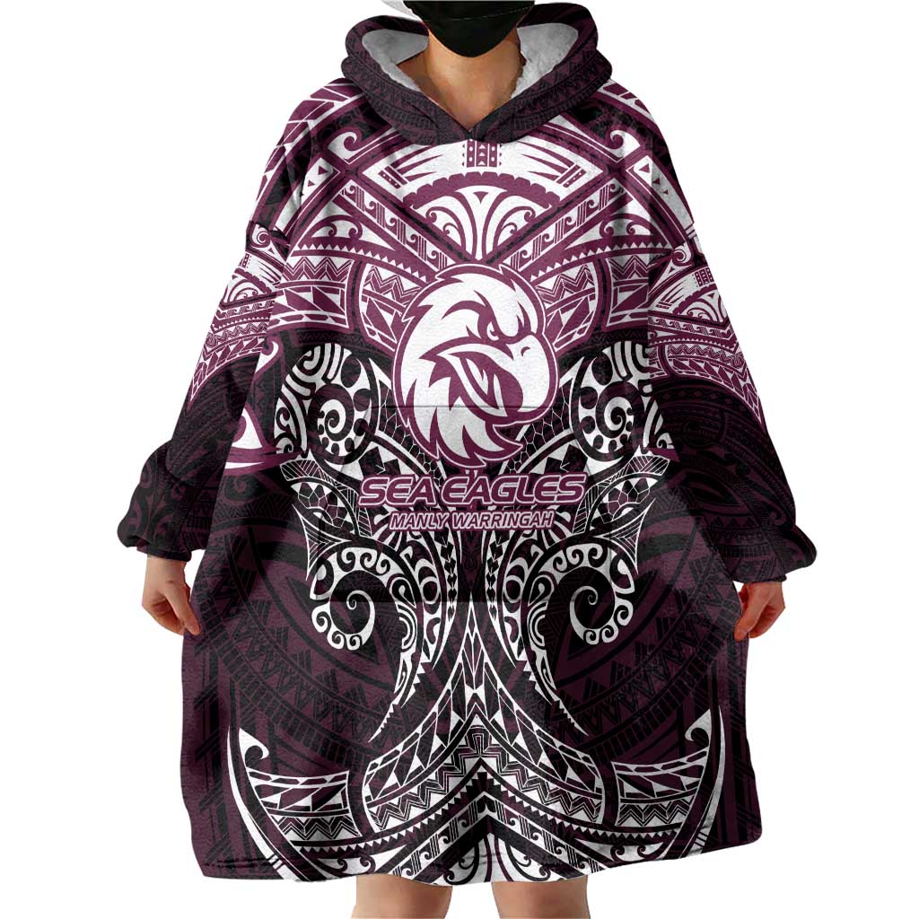 Personalized Manly Warringah Sea Eagles Wearable Blanket Hoodie Polynesian Tribal Pattern Style