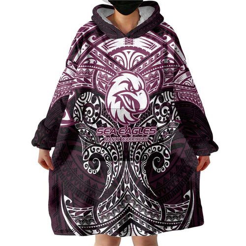 Personalized Manly Warringah Sea Eagles Wearable Blanket Hoodie Polynesian Tribal Pattern Style