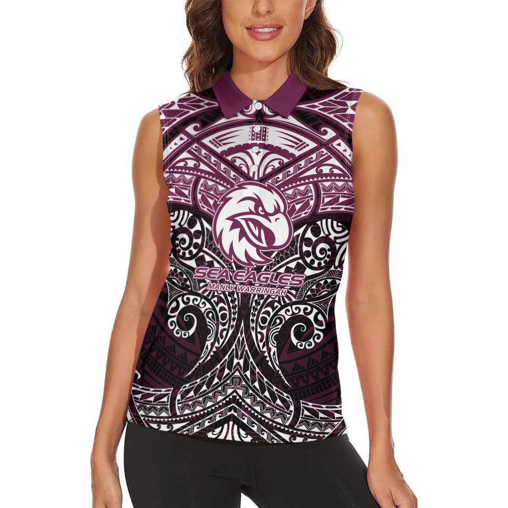 Personalized Manly Warringah Sea Eagles Women Sleeveless Polo Shirt Polynesian Tribal Pattern Style