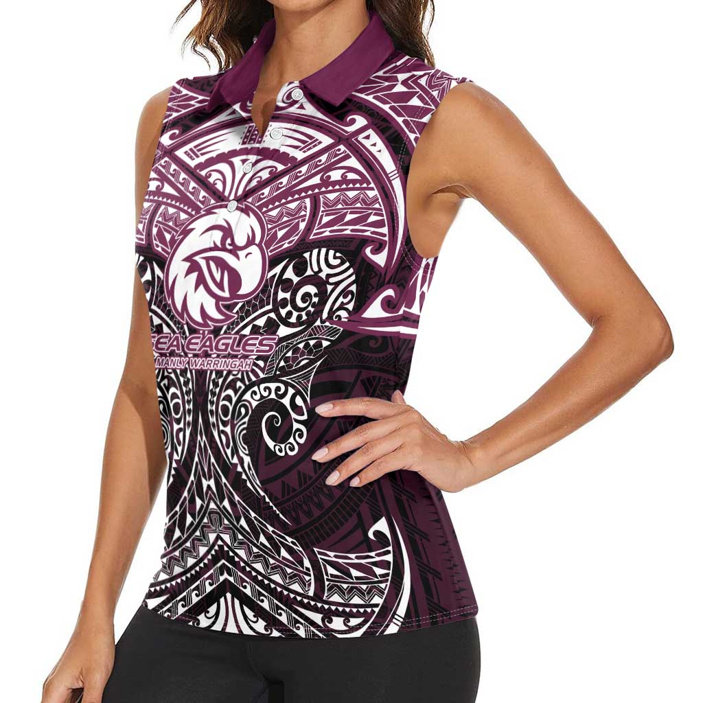 Personalized Manly Warringah Sea Eagles Women Sleeveless Polo Shirt Polynesian Tribal Pattern Style