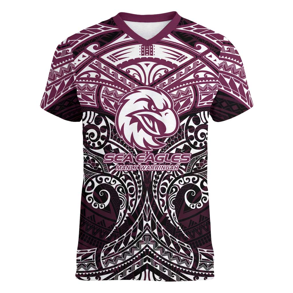 Personalized Manly Warringah Sea Eagles Women V-Neck T-Shirt Polynesian Tribal Pattern Style