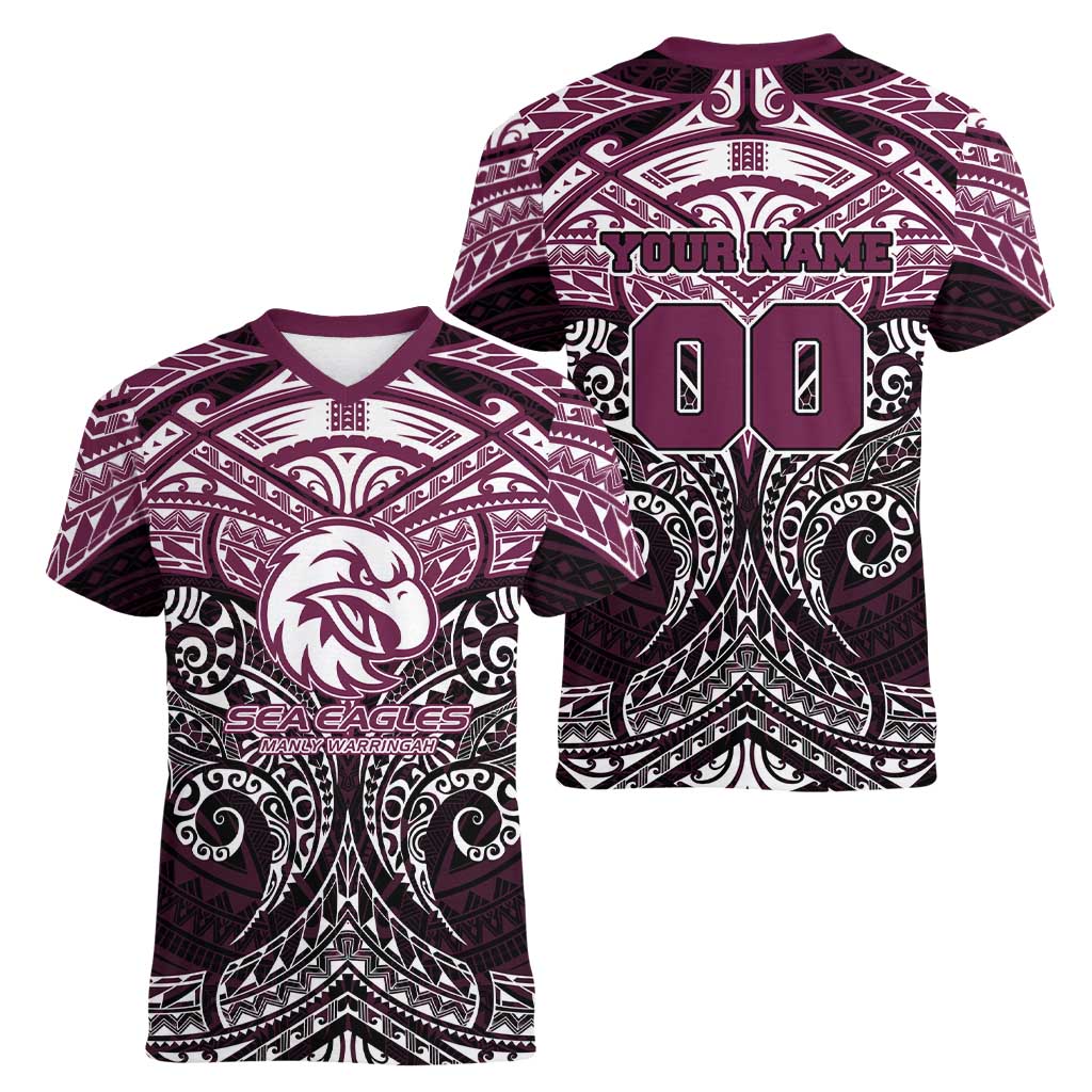 Personalized Manly Warringah Sea Eagles Women V-Neck T-Shirt Polynesian Tribal Pattern Style