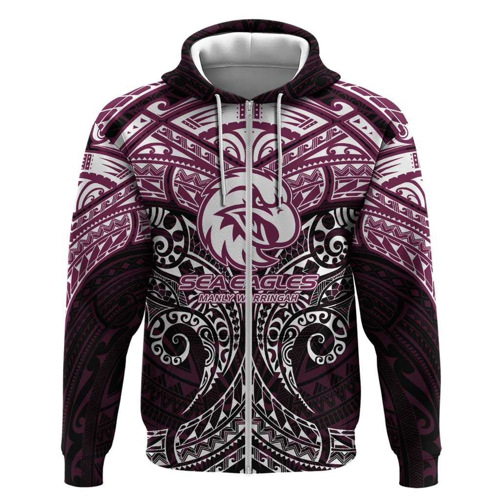 Personalized Manly Warringah Sea Eagles Zip Hoodie Polynesian Tribal Pattern Style
