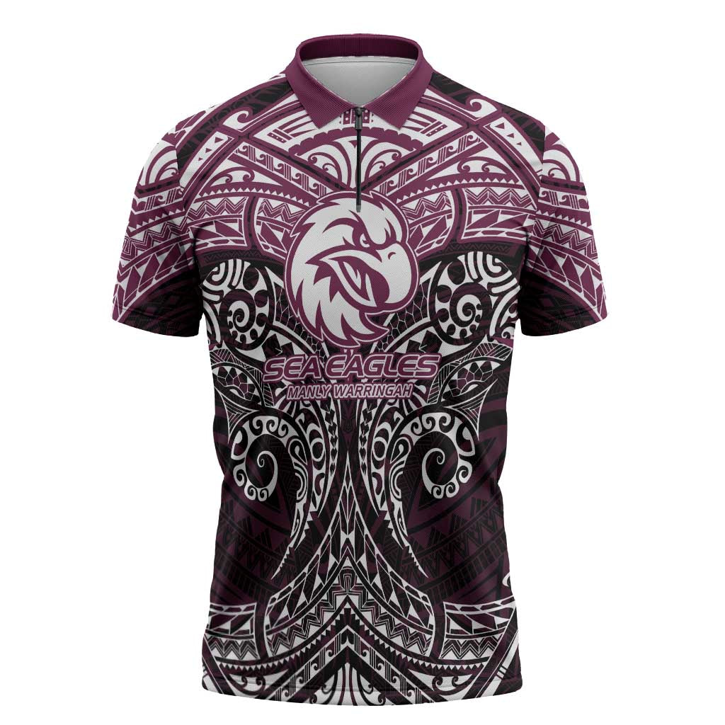 Personalized Manly Warringah Sea Eagles Zipper Polo Shirt Polynesian Tribal Pattern Style