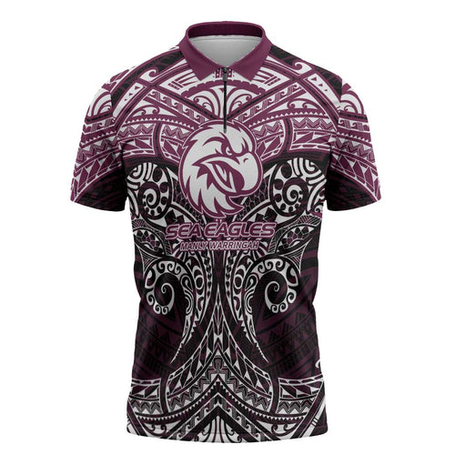 Personalized Manly Warringah Sea Eagles Zipper Polo Shirt Polynesian Tribal Pattern Style