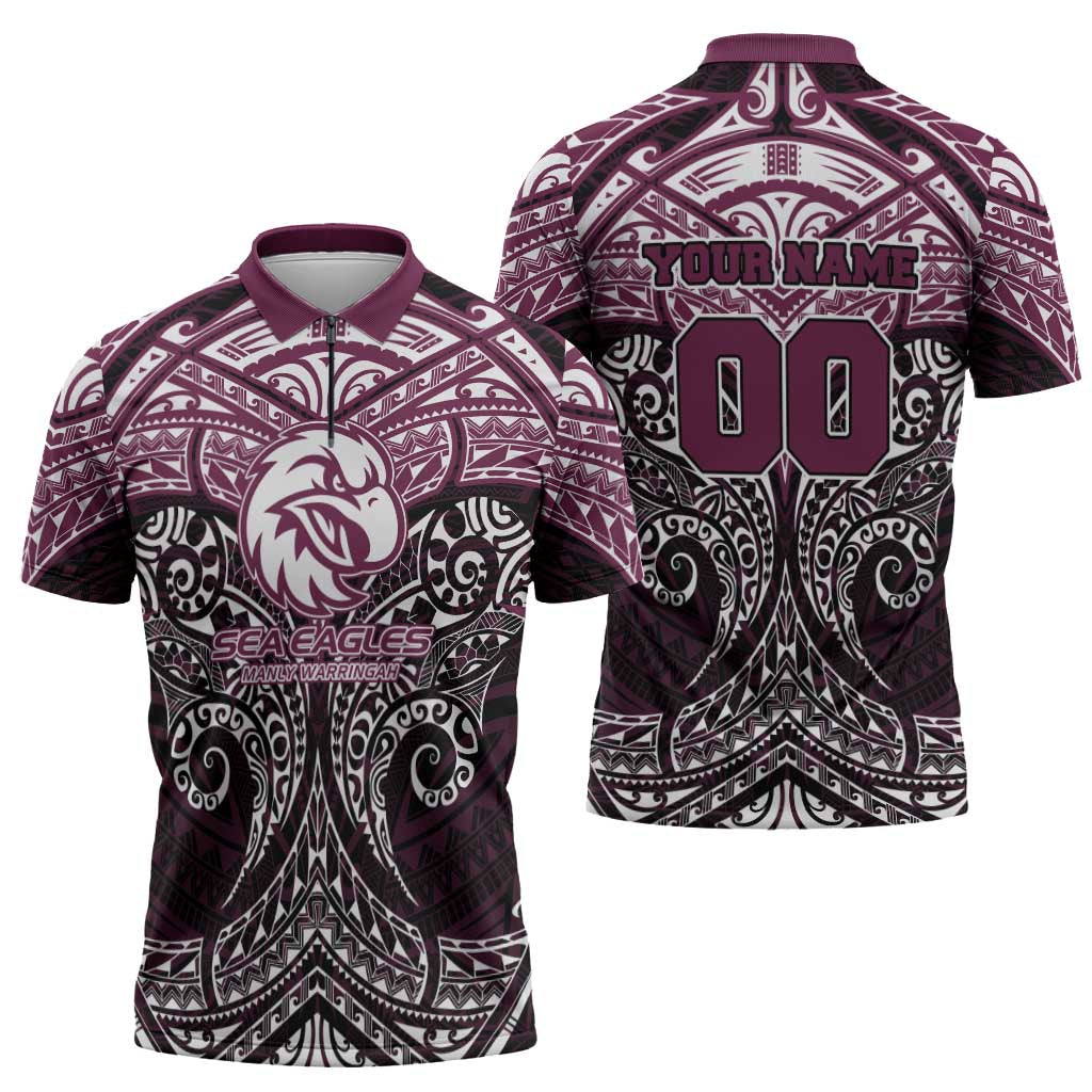 Personalized Manly Warringah Sea Eagles Zipper Polo Shirt Polynesian Tribal Pattern Style