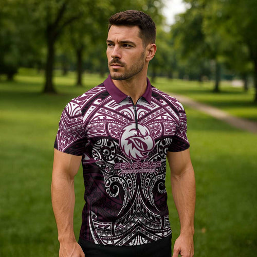 Personalized Manly Warringah Sea Eagles Zipper Polo Shirt Polynesian Tribal Pattern Style