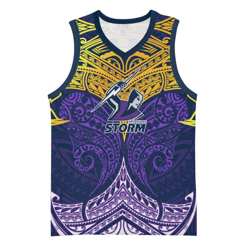 Personalized Melbourne Storm Basketball Jersey Polynesian Tribal Pattern Style