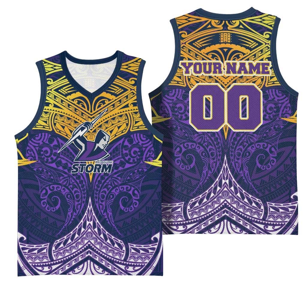 Personalized Melbourne Storm Basketball Jersey Polynesian Tribal Pattern Style