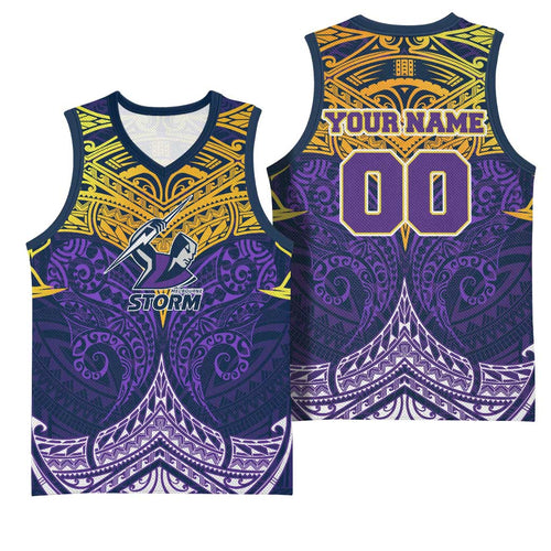 Personalized Melbourne Storm Basketball Jersey Polynesian Tribal Pattern Style