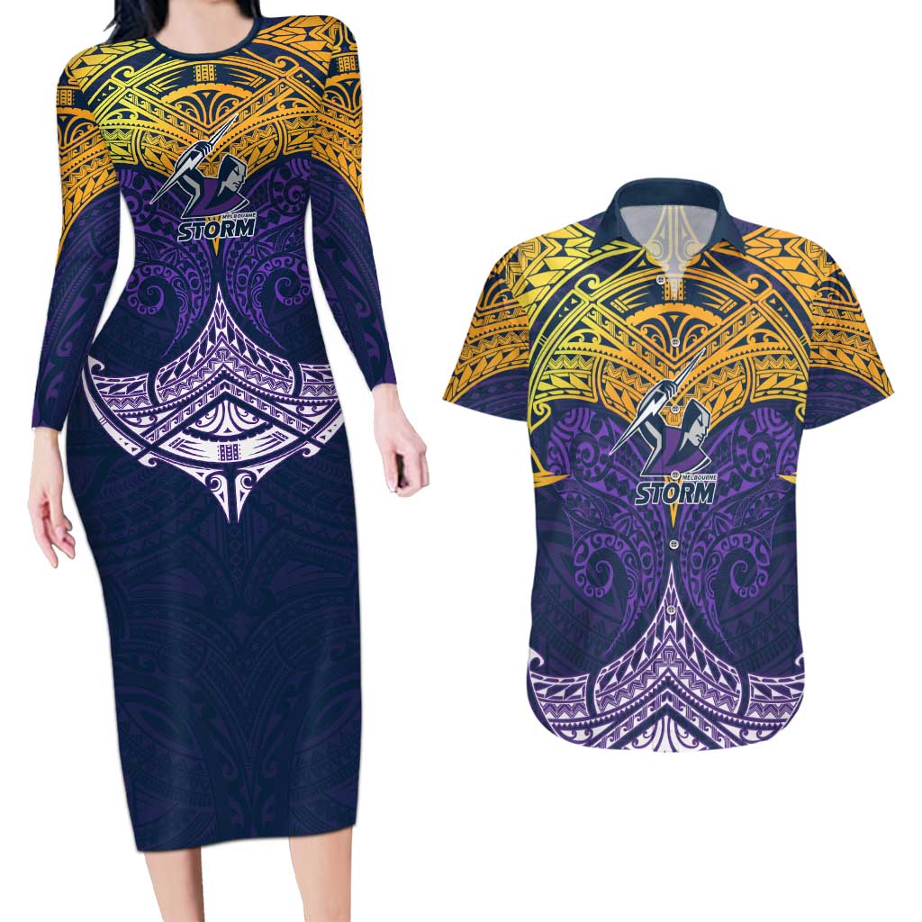 Personalized Melbourne Storm Couples Matching Long Sleeve Bodycon Dress and Hawaiian Shirt Polynesian Tribal Pattern Style