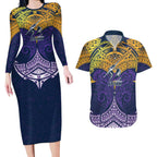 Personalized Melbourne Storm Couples Matching Long Sleeve Bodycon Dress and Hawaiian Shirt Polynesian Tribal Pattern Style