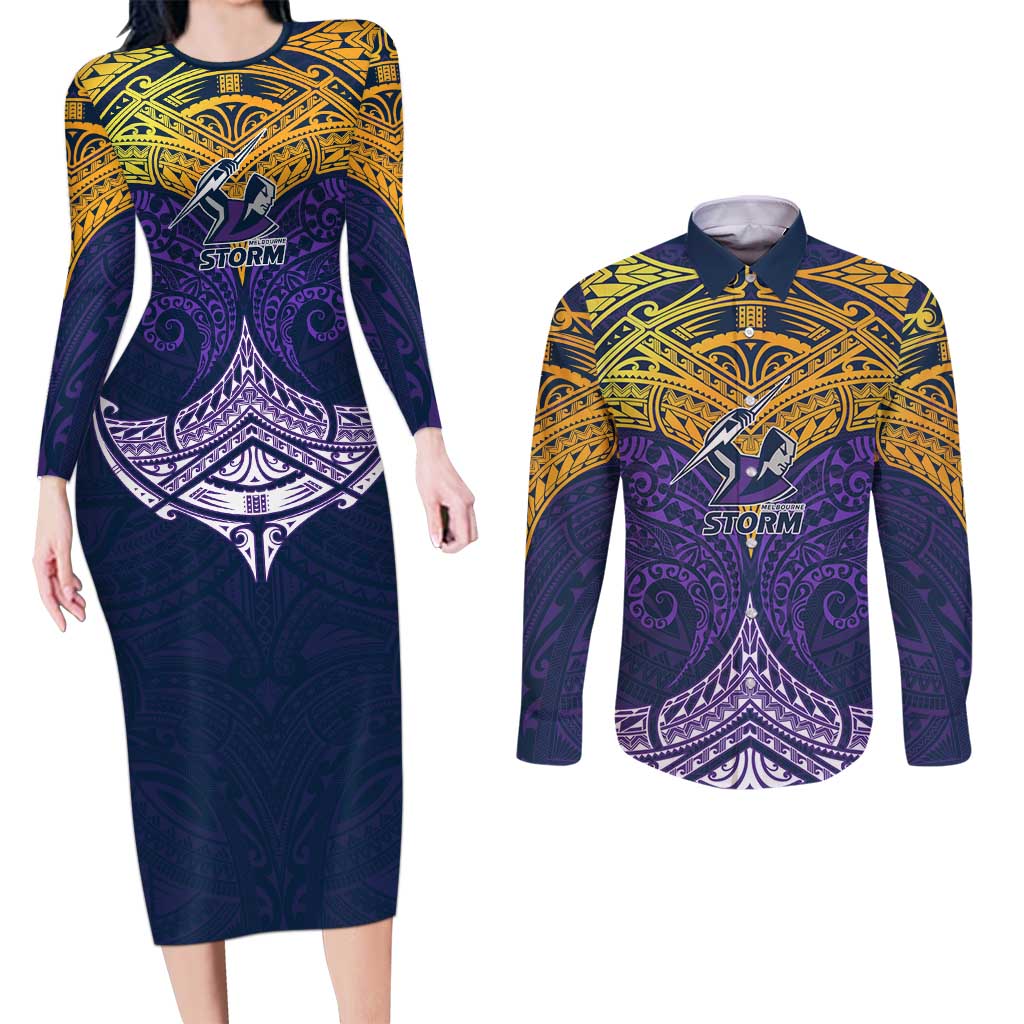 Personalized Melbourne Storm Couples Matching Long Sleeve Bodycon Dress and Long Sleeve Button Shirt Polynesian Tribal Pattern Style