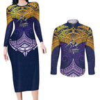 Personalized Melbourne Storm Couples Matching Long Sleeve Bodycon Dress and Long Sleeve Button Shirt Polynesian Tribal Pattern Style