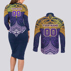 Personalized Melbourne Storm Couples Matching Long Sleeve Bodycon Dress and Long Sleeve Button Shirt Polynesian Tribal Pattern Style
