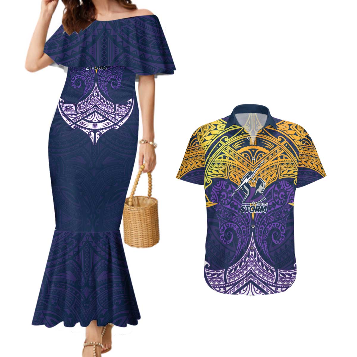 Personalized Melbourne Storm Couples Matching Mermaid Dress and Hawaiian Shirt Polynesian Tribal Pattern Style