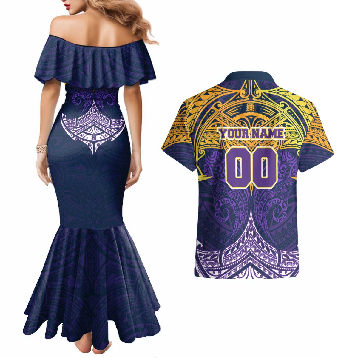 Personalized Melbourne Storm Couples Matching Mermaid Dress and Hawaiian Shirt Polynesian Tribal Pattern Style