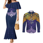 Personalized Melbourne Storm Couples Matching Mermaid Dress and Long Sleeve Button Shirt Polynesian Tribal Pattern Style
