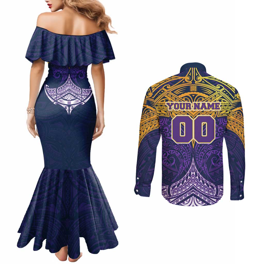 Personalized Melbourne Storm Couples Matching Mermaid Dress and Long Sleeve Button Shirt Polynesian Tribal Pattern Style