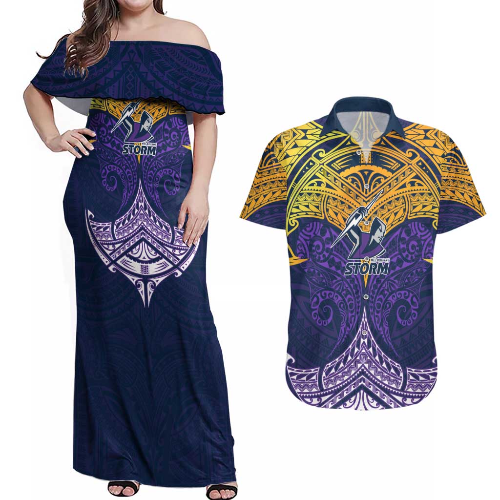 Personalized Melbourne Storm Couples Matching Off Shoulder Maxi Dress and Hawaiian Shirt Polynesian Tribal Pattern Style